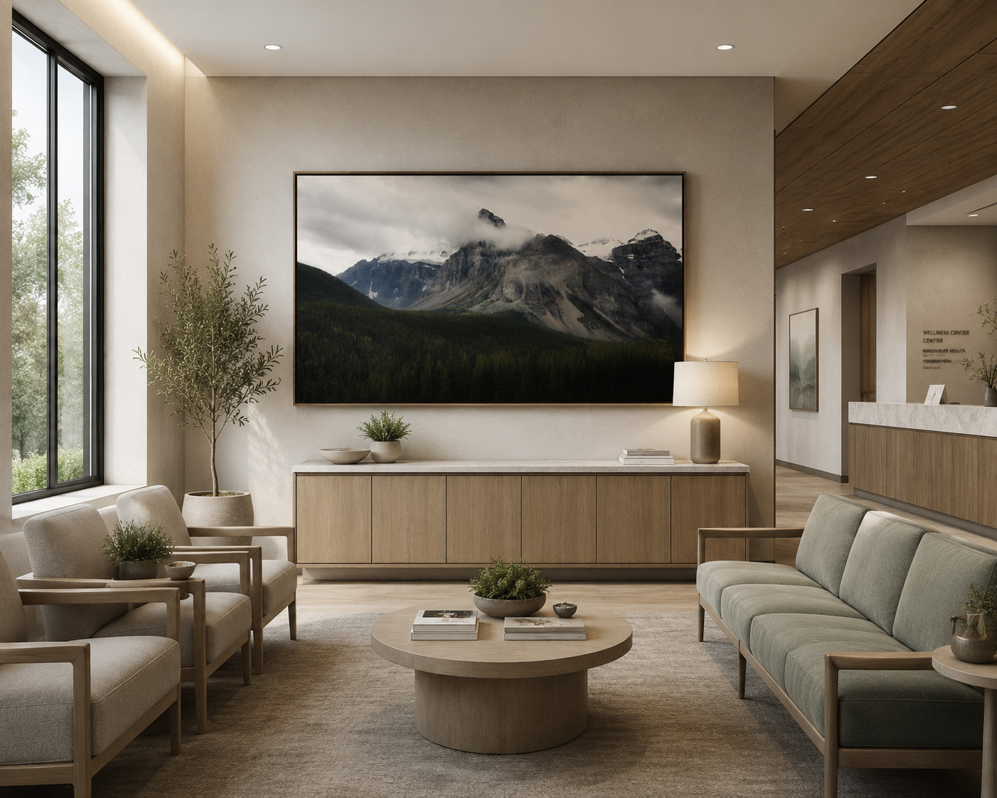 Healthcare reception area with large framed Canadian Rockies fine art photography by Dan Sproul